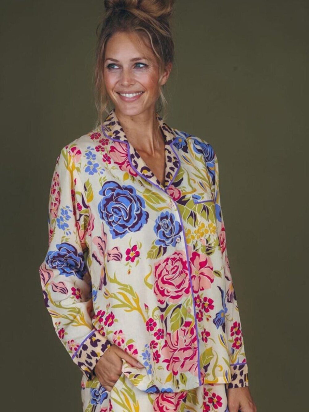 Powder Super Soft Floral Long Sleeve Summer Pajama Top in Light Yellow, Large